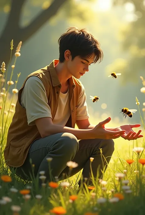 Young man caring for bumblebees 