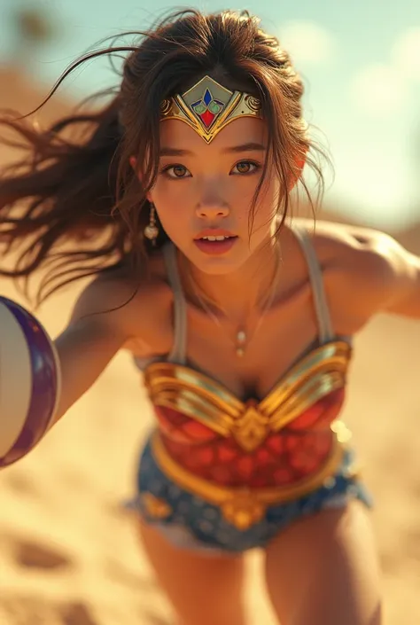 Enjoy playing volleyball、Wonder Woman。Brown Hair,  masterpiece、beautiful girl、fine 目、Wide-open eyes、A Shining Place、Best Quality, 超High resolution, (reality: 1.4), Cinema Lighting,so beautiful、完璧なWonder Womanのコスチューム。Very cute face。Japanese 20 years old､Bea...