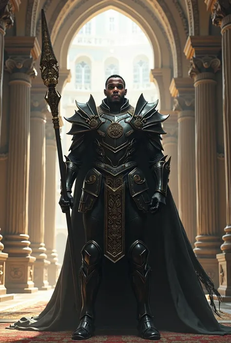 Black man in armor sacrificing in the atrium 