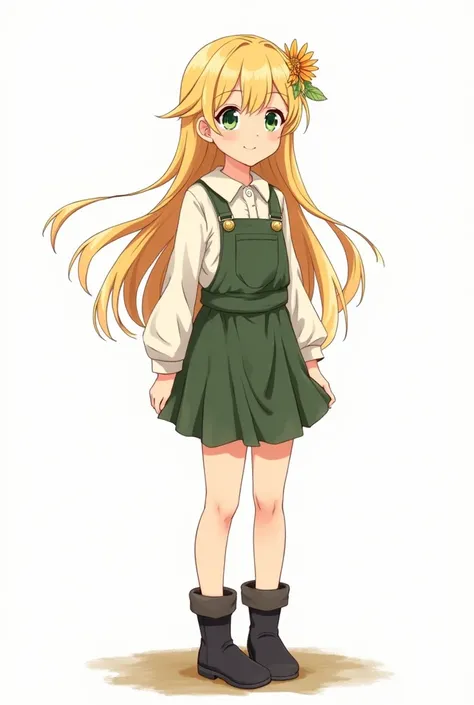 A anime girl. Blonde hair. Green eyes. Farm dressed. Flower on her head. 2d anime. Plaits hairstyles. Black boots. White background. Ref sheets full picture.