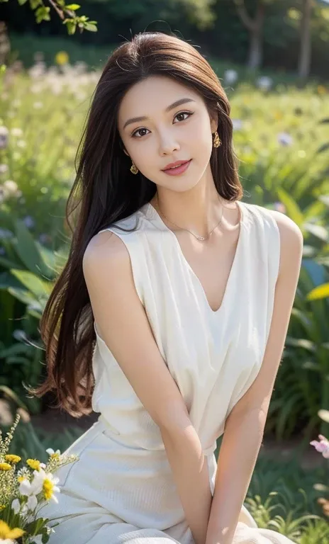 (elegant woman, beautiful detailed eyes, beautiful detailed lips, extremely detailed face, long eyelashes, flowing white dress, windblown hair, sexy expression, gentle smile, sunlit meadow, colorful butterflies, blooming flowers, natural lighting, cinemati...