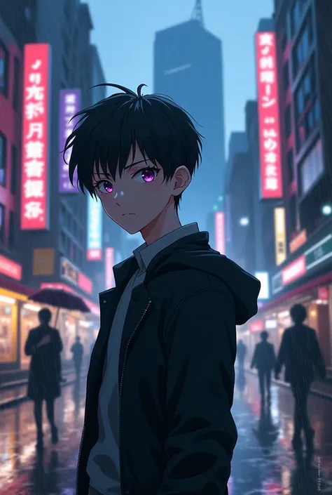 An anime boy with black hair and purple eyes looking back at the camera in a busy street and rainy day