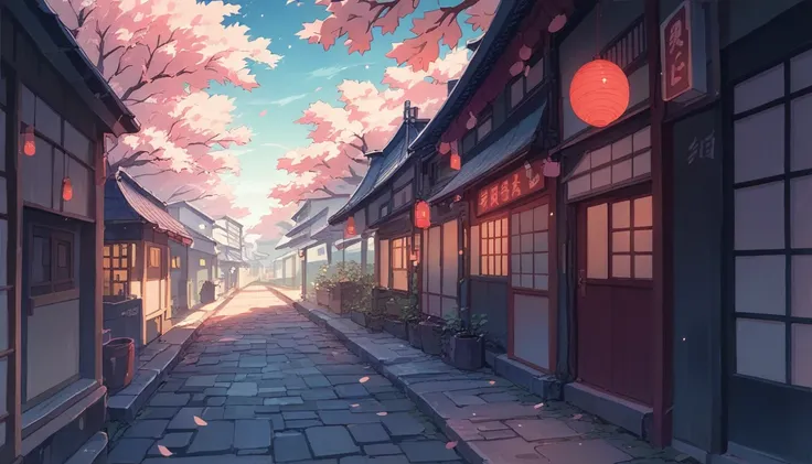 a traditional japanese street, neon-lit shops, a quiet night atmosphere, cherry blossom trees lining the alley, moonlit sky, ser...