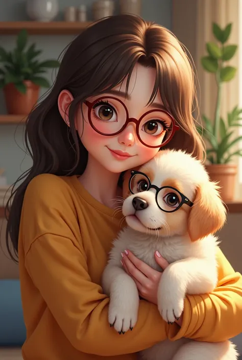 Create a woman holding a puppy wearing glasses 