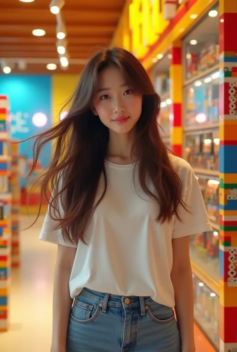 deco effect in mall, Lego shop, a beautiful girl like a Korean, Long hair drifting in the wind losse gradiasi warna ,wearing casual Korean style clothes, smiling, cute   wearing casual clothes, wear sneaker, free style they look happy,pose relax , looking ...