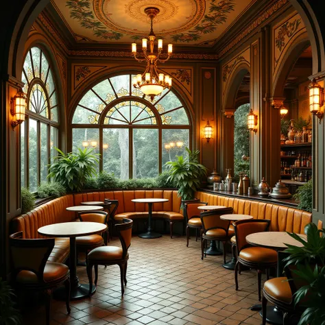 Amazing Art Nouveau cafe，A style of decorative art and architecture popular in Europe and the United States in the late 19th and early 20th centuries，Based on flower、Intricate designs and curvilinear patterns of natural shapes such as leaves，Curved furnitu...