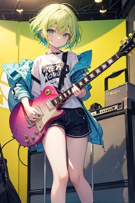 Yellow-green hair, light blue inner color in bangs, very short hair, dull pink jacket, black short sleeves, navy blue shorts with white lines, short white socks, red sneakers, Gibson Les Paul Custom electric guitar, one