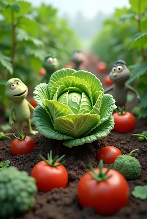 Cabbage and tomatoes are coming out of the garden, all the vegetables are watching them.
