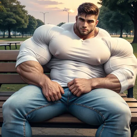 brutalmass, A very handsome young man, big eyes, white shirt, muscular, jeans, sitting on a bench, in a park at dusk, seen up close 