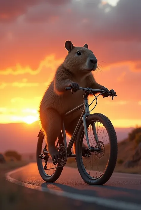 a image of a capybara riding a bicycle through an sunset (california sunset). the image is sideways.