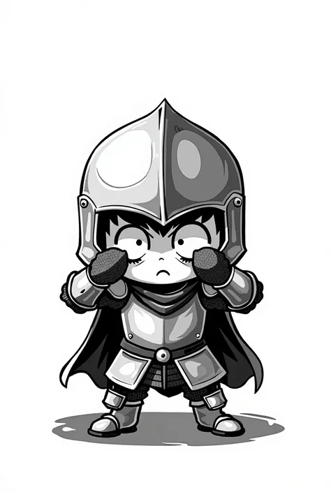 black and white image of a cute chibi manga knight being scared with his hands covering his eyes, in very smooth gradience, image from above, bold dynamic and powerful camera work, no background only character 