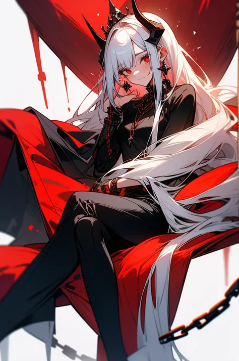 he wears a red crown and devil horns on his head., she ruled the demon world for a long time., straight hair.white hair, sitting...