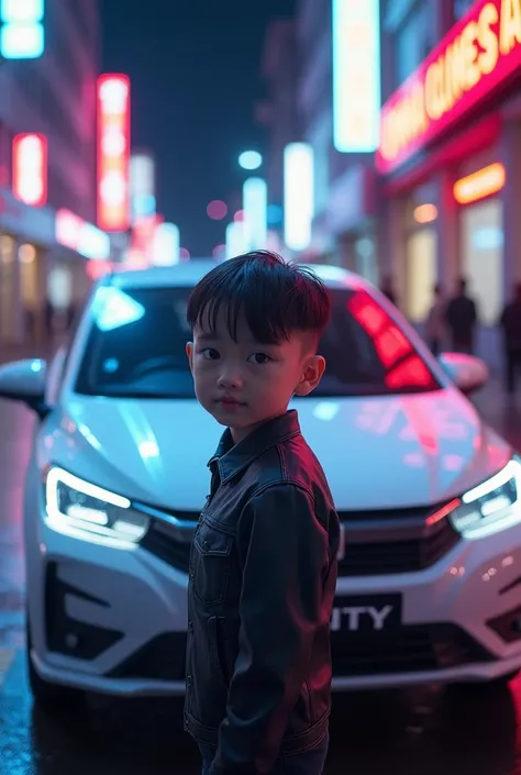 A boy with   middle pinned hair style 
standing near a Honda City white painted car with a modern dress in a neon streat