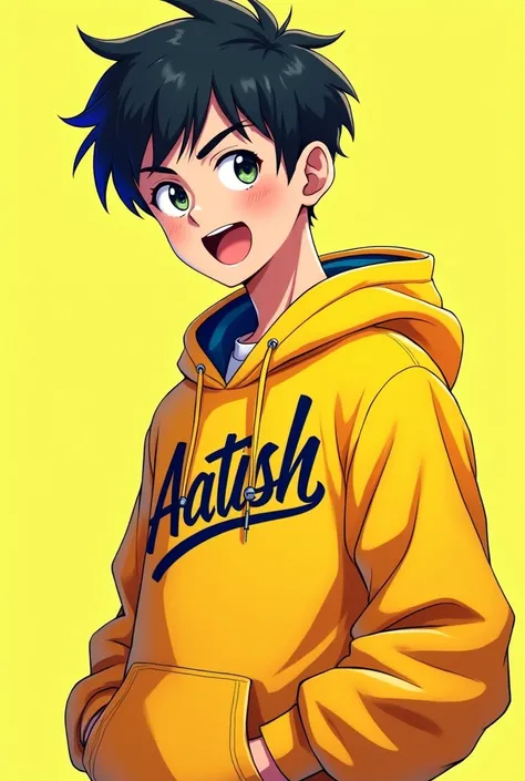 A anime  teenager wearing yellow hoody and on his hoody Aatish is written. Age 15