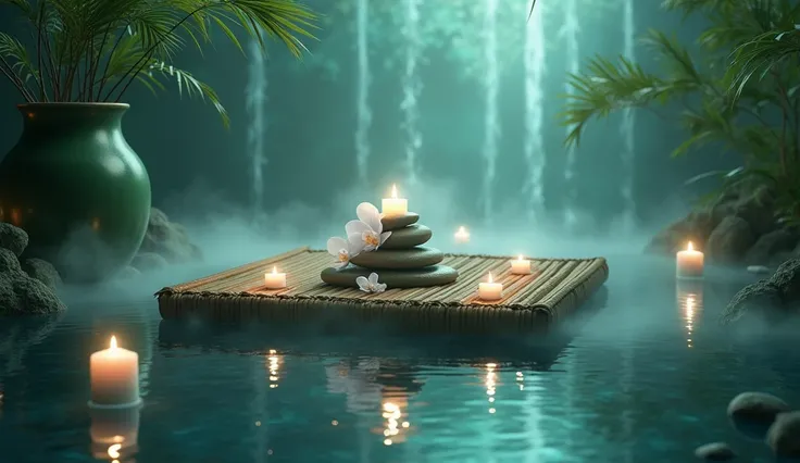 Create a mystical, surreal spa setting with a floating bamboo raft covered in smooth stones, orchids, and candles, all hovering above a reflective water surface. A green ceramic vase with swirling mist surrounds it, and a bamboo fountain pours a radiant st...