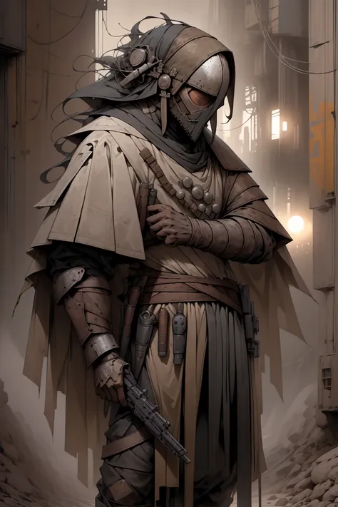 a man neocruz hermoso rostro con ojos cafe y barba, cabello mediano negro wearing modern military grade armor, gear belt full of gun magazines, a tattered hood over his head, wearing a plague doctor mask, a futuristic and hastily repaired semi-automatic ri...