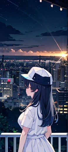 White T-shirt、Wearing a hat、Female、Cities near the sea、cute、Look back、In 8K、Large file size、When watching the audience、 Overlooking the cityscape、Midnight,detailed、Long Hair,Pastel colors,Large Breasts