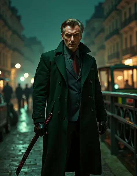 masterpiece, best quality, hyper detailed, ultra detailed, 1man, solo, solo focus, arafed french man in a coat, (using katana), tall body, middle-aged man, professional, relaxed but determined, serious but cool, hes a hitman in peacoat, he is wearing a gre...