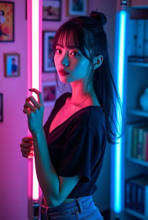 A beautiful Korean woman, black shirt, jeans, holding a white blue neon flex light glowing "LILIK" dynamic pose with colorful Cyberpunk colors, room background with various photo frames, books and purple and blue neon flex lights, dual tone, Ultra HD