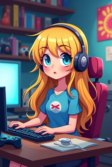 Girl gaming blogger with blond hair, without bangs, with blue eyes, Half the height, at the computer desk, in a room with all sorts of games, with long hair in comic style