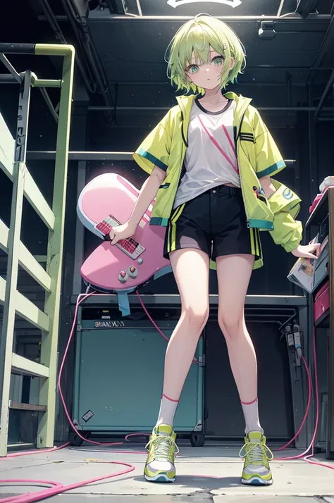 Light yellow-green hair, light blue inner color in hair, short hair, dark pink jacket, black short sleeves, navy blue shorts with white lines, white short socks, red sneakers, electric guitar, band, yellow-green ties on wrists