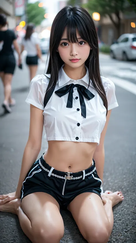 Focus on your feet, Shining black eyes, Feminine Style, One Girl, asymmetrical bangs, bangs, Black Hair, goodid, good, Looking into the camera, smile, America City at night , abdomen, Red lips, shirt, Alone,, goodid,, Perfect body line, beautiful curve, be...