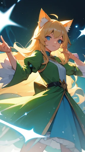 Magic powers. Long blond hair. Cat ears. Blue eyes. Dress. Green dress. Sleeves apart. Magic powers. Magic force. Fighting pose