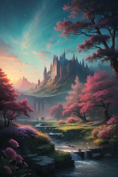 Best Quality、Landscape painting、Fantasy art、Starry Sky、grow、dramatic