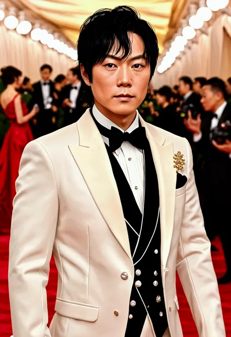 Gojo Satoru at the Met gala in realistic art style 