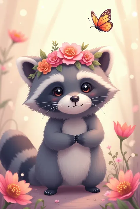 Anime style cute Grey racoon with anonymous mask and flower tiara and butterfly around 