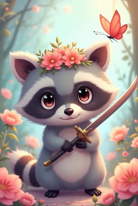 Anime style cute Grey racoon with anonymous eye mask and flower tiara and butterfly around and sword in its hand