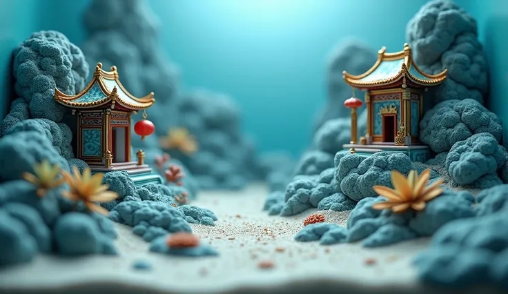 The bottom of a large fish tank is covered with gravel and sand,miniature,reality感,reality,miniature, Microcosm，Three-dimensional blue and white porcelain miniature landscape，Gold enamel，Jade Ancient Chinese Architecture，Luminescence，was，Transparent glass ...