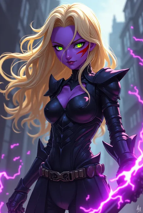 Blonde monster girl with purple skin and red scratch on her cheeks wearing black armour with green eyes holding a black sword with purple Lightning with anime style