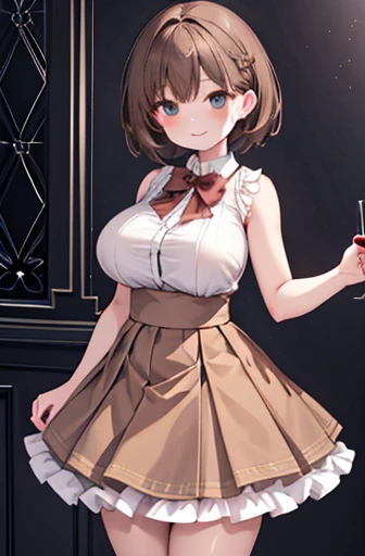 One girl, amount, Large Breasts, skirt, brown skirt, barBrown hair, Short Hair, smile, Standing, Mature Woman, layered skirt, sleeveless long shirt, bowtie, bow, bubble skirt, holding Bell, Bell, bare shoulders,