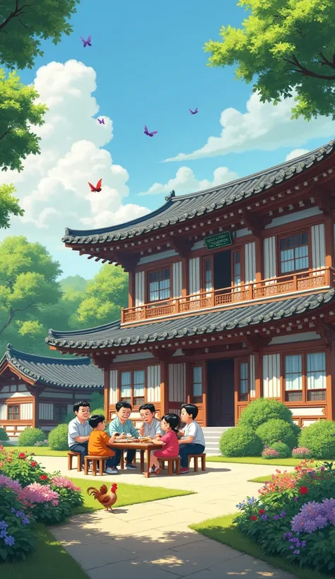 A very big happy and friendly old Korean family house with chickens, rooster, purple butterflies and a garden.a family around a table anime in yard.. up and distant view   .very green home