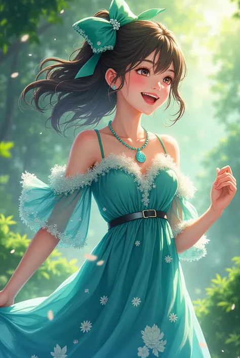 an adult girl, Her clothes are a flowing dress in shades of blue and green., reminiscent of river waves, with embroidered flowers emulating leaves. You wear a shiny bow in your hair, which represents his joy and contagious energy. Her favorite accessory is...