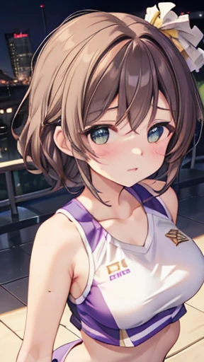 Nozomi Tojo, Nozomi-san always, Green Eyes, Brown Hair, Short Curly Hair, Large Breasts, masterpiece, Best Quality, High resolution, Beautiful detailed eyes, Highly detailed face, Good lighting, Detailed CG, My hair is messy, Glossy lips, night, School gro...