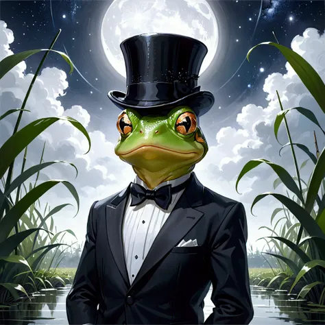 Closeup, An extremely dapper anthropomorphic frog wearing an insanely snazzy black and silver tuxedo, black bowtie, black top hat Under a star-filled night sky, merges into a realistic photograph, cascading over serene water, muted color palette, tall reed...