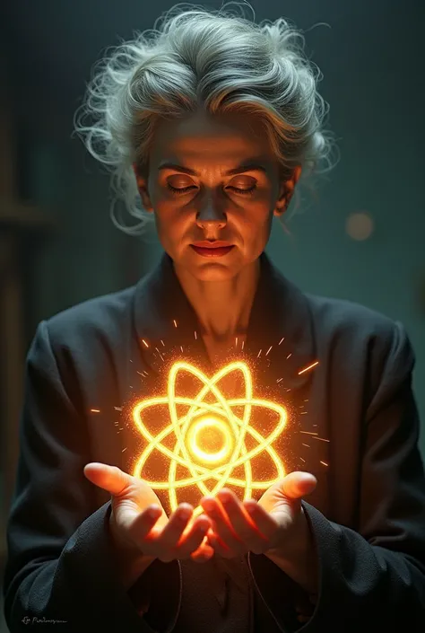 Madam Curie holding atom which is releasing rays indicating its use and harms