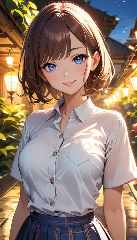 Beautiful woman in white shirt、Front button closure、Short sleeve、Checkered Pleated Skirt、JK、Brown Hair、short hair、Detailed face、Beautiful Eyes、Long eyelashes、Beautifully detailed lips、Natural Makeup、Extremely Detailed face and eyes、Sexy smile、Place your ha...