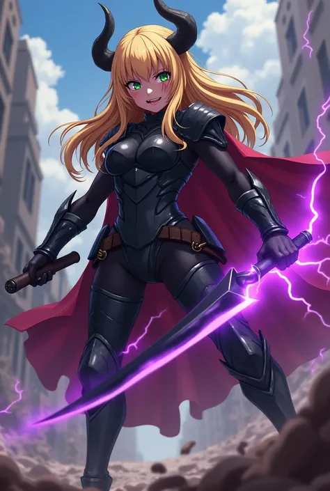 Blonde monster girl with maroon skin and red scratch on her cheeks, have two black horns  wearing black armour with green eyes holding a black sword with purple Lightning with anime style