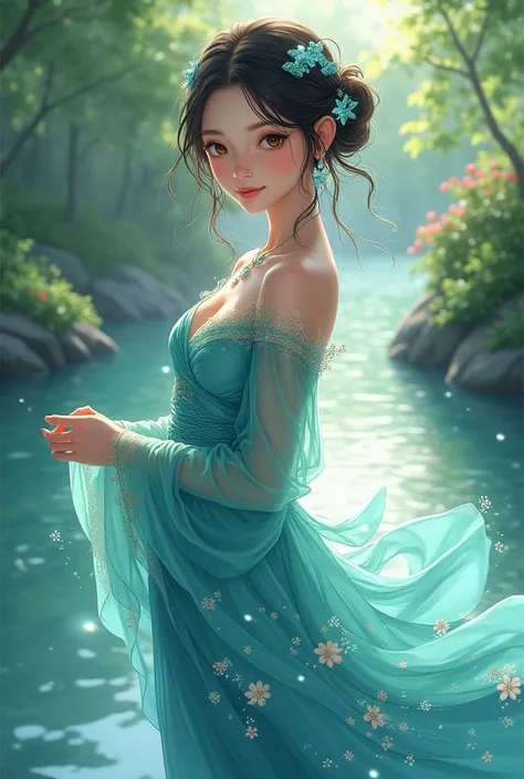 an adult girl, a river spirit. Her clothes are a flowing dress in shades of blue and green., reminiscent of river waves, with embroidered flowers emulating leaves. You wear a shiny bow in your hair, which represents his joy and contagious energy. Her favor...