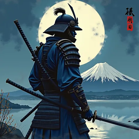 Japan、warrior、Samurai、moon、night、knife、armor、Flag of Japan、Handwriting、impressionism, 