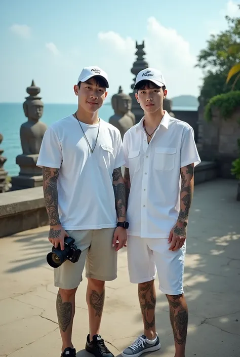 5 pairs of tattooed lovers aged 30 years, Korean face. Neat black hair. stand. Wearing a white shirt, white baseball cap. Shorts, black shoes,  camera in his hand, Steal attention with the backdrop of the panoramic Balinese beach and Balinese statues.. The...