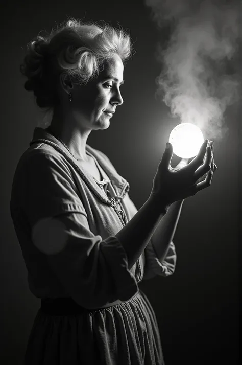 Madam Curie holding polonium in one hand, its releasing rays, some days show its uses , others show its harms
