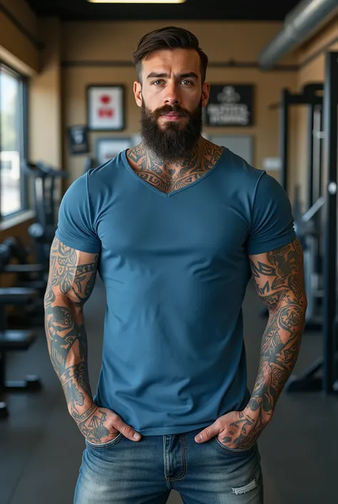 A man in gym most of tattoos wearing a blue t-shirt and jeans 