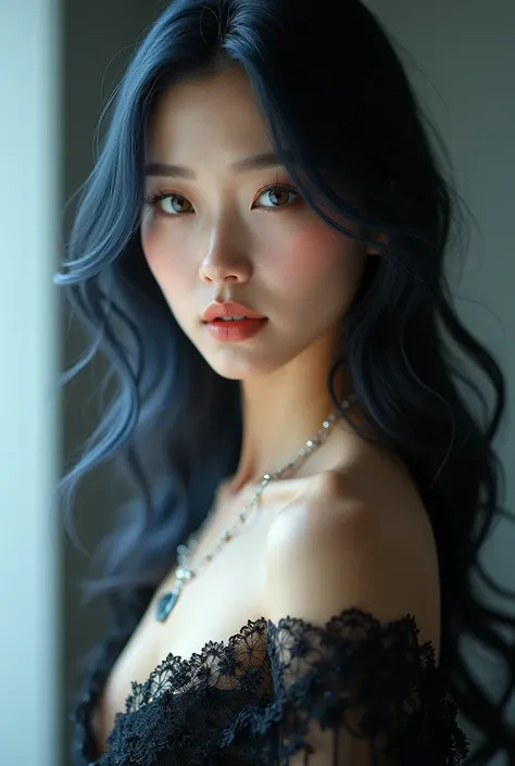 Asian woman, very beautiful and sexy, pearly eyes and blue-black hair, formal clothes