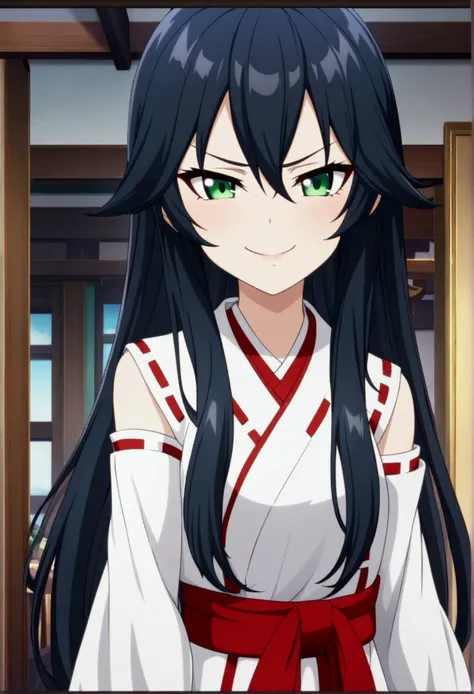 A girl with dark blue hair, hair between eyes, long hair, dark green eyes, mischievous smile, mischievous attitude, mischievous expression, smug expression, miko clothing, CG, screenshot