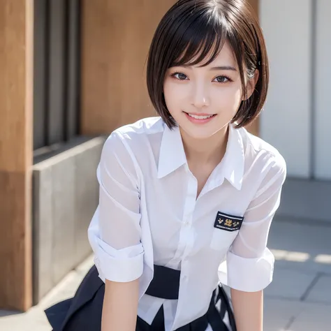 (masterpiece,best quality:1.4),(8k,raw photo,photo realistic:1.2),shiny skin,detailed skin,detailed face,detailed eyes,1girl,Japanese idol,beautiful face, （white panties），black hair，short hair，happy smile，school uniform，skirt lift，