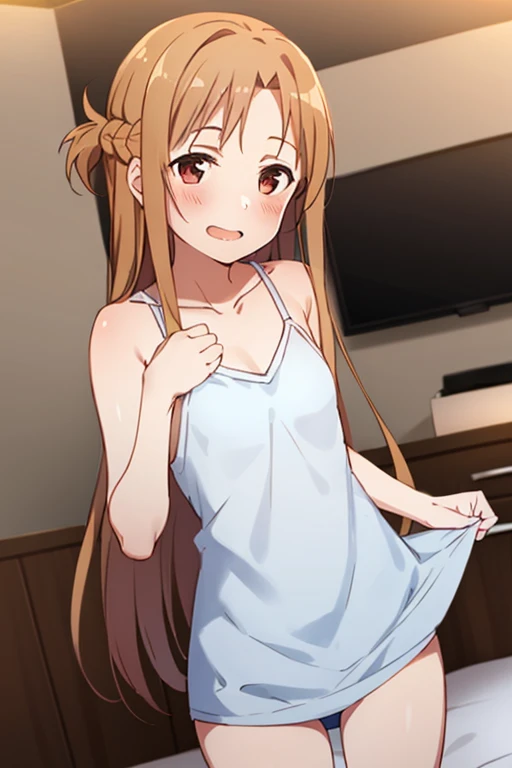 ((Best Quality)), ((masterpiece)), (be familiar with), Perfect Face, indoor, bedroom, Watching the audience,
One woman, Yuuki Asuna,
Open Mouth, Ecstatic expression, blush, smile,
Small breasts, Flat Chest, , , child, Girl,
Long Hair, Long Hair,
Leg spread...